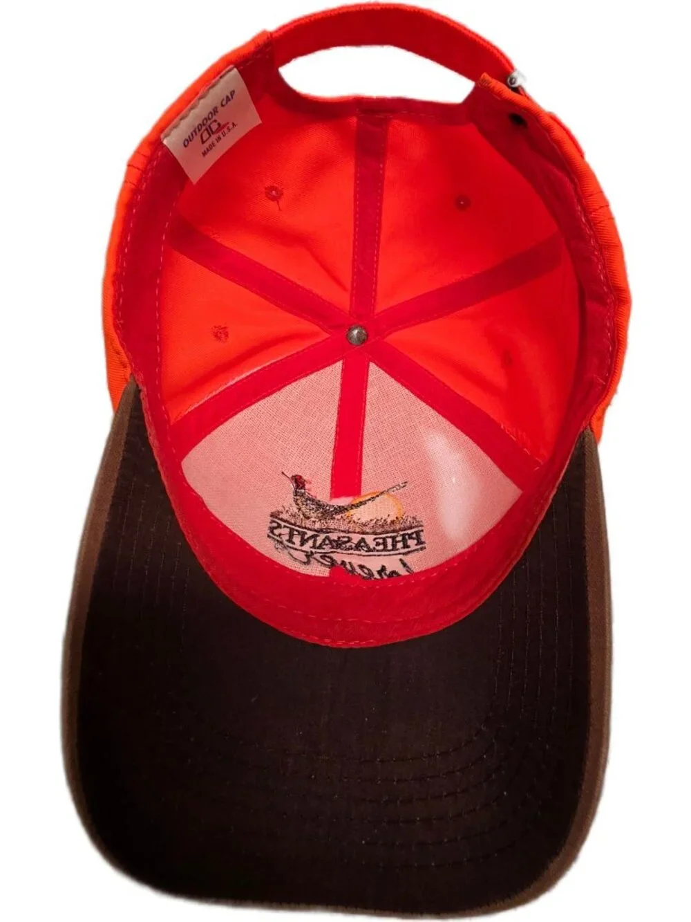 Vtg Pheasants Forever Hunting Hat Orange Brown Canvas Brim Strapback Made in USA
